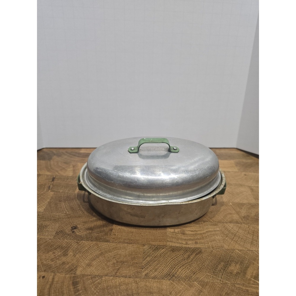 Vintage Toy Aluminum Roaster Pan w/ Lid - Approx. 6" - Dents Green Handles